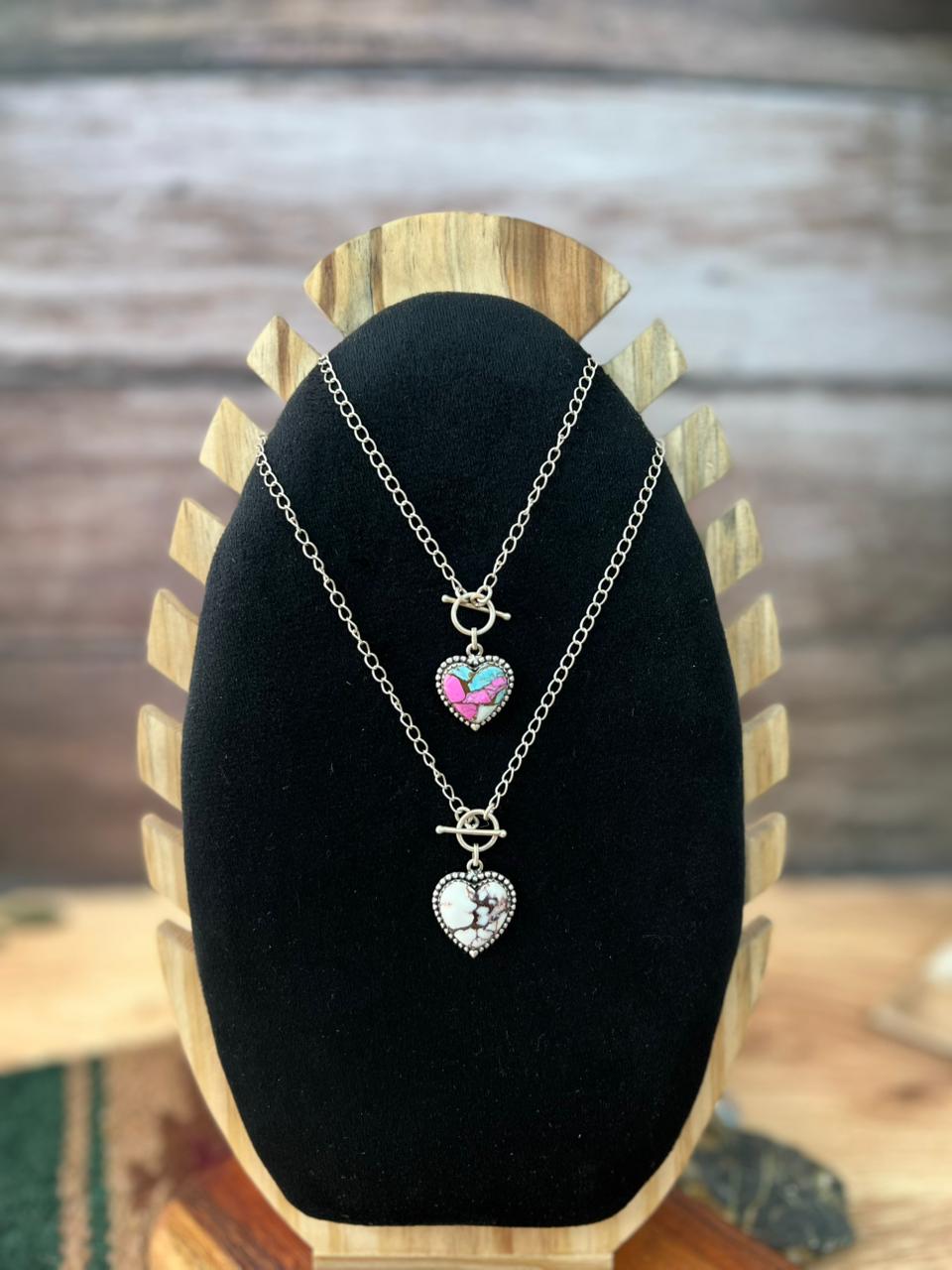 Handmade Sterling Silver Cotton Candy and Wildhorse Magnesite Heart Necklace "Signed Nizhoni"