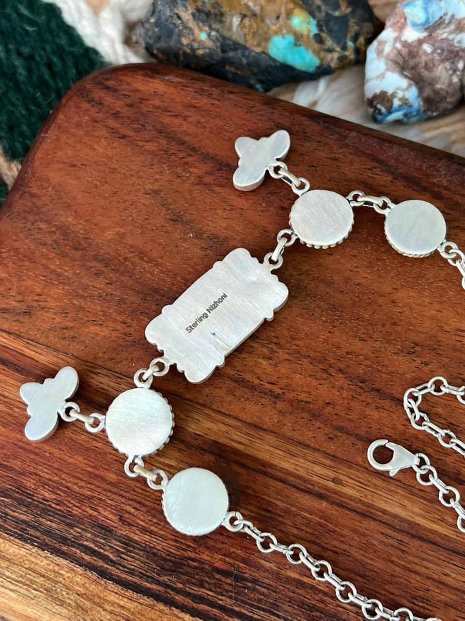 Handmade Sterling Silver Cotton Candy with Blue Kingman Turquoise Choker Necklace "Signed Nizhoni"