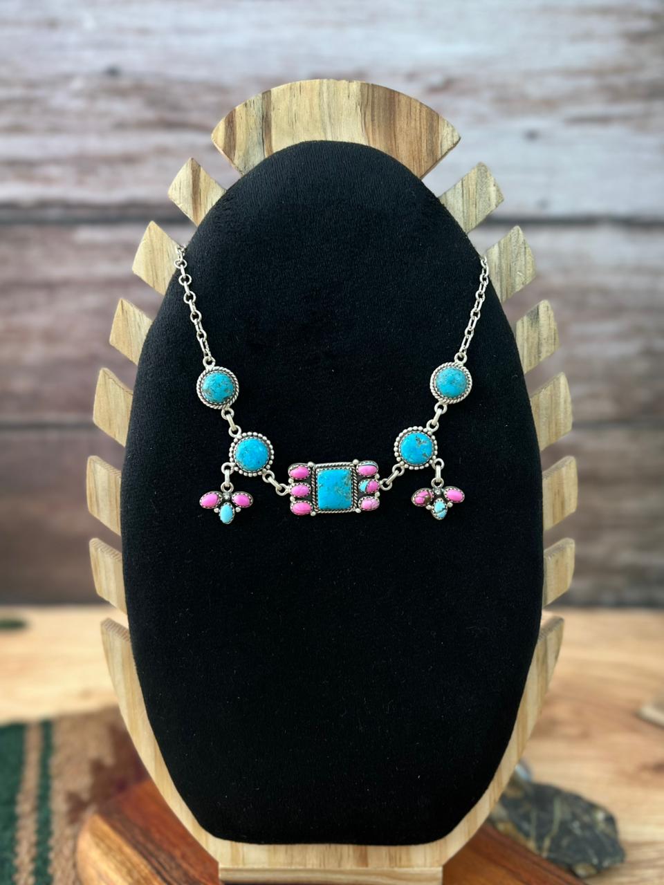 Handmade Sterling Silver Cotton Candy with Blue Kingman Turquoise Choker Necklace "Signed Nizhoni"