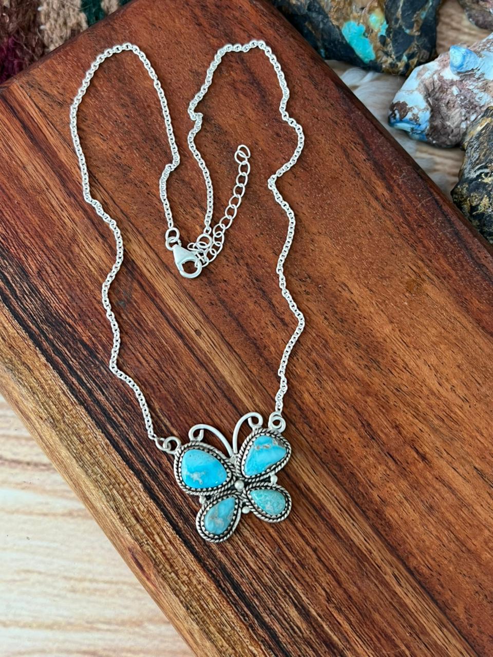 Handmade Sterling Silver White Water Turquoise Butterfly Necklace "Signed Nizhoni"