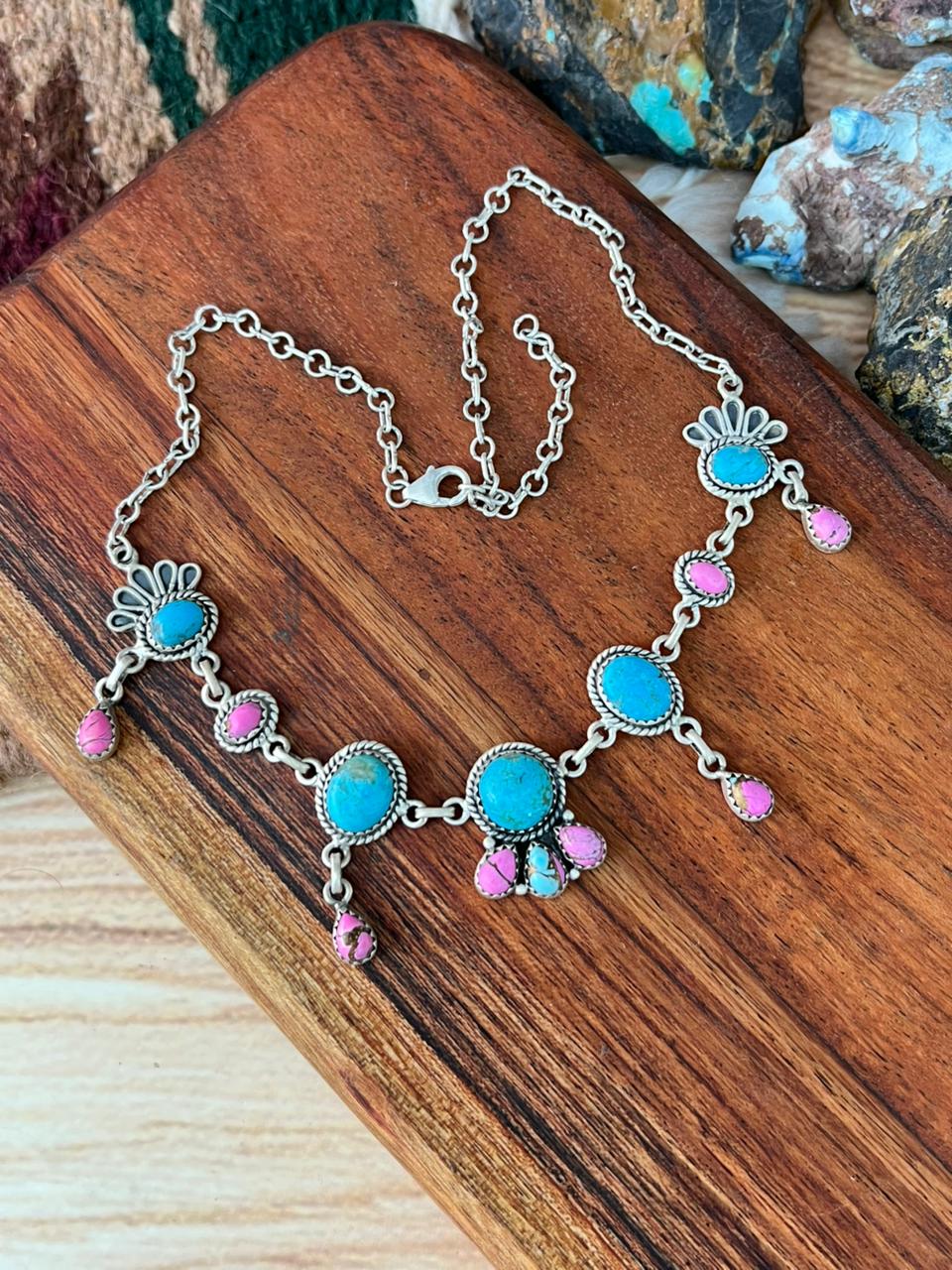 Handmade Sterling Silver Cotton Candy with Blue Kingman Turquoise Choker Necklace "Signed Nizhoni"