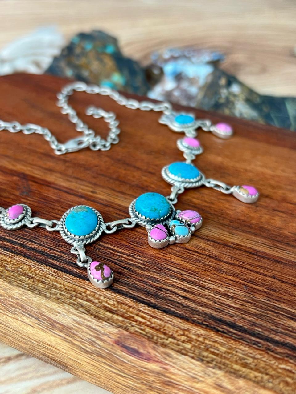 Handmade Sterling Silver Cotton Candy with Blue Kingman Turquoise Choker Necklace "Signed Nizhoni"