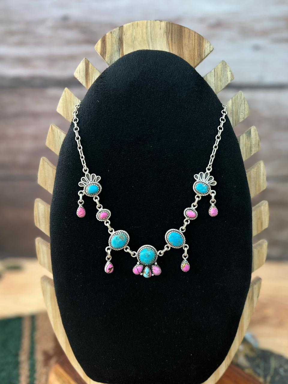 Handmade Sterling Silver Cotton Candy with Blue Kingman Turquoise Choker Necklace "Signed Nizhoni"
