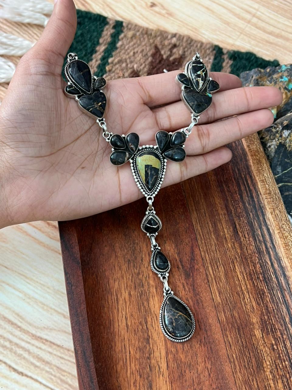Handmade Sterling Silver Blackjack Turquoise Necklace "Signed Nizhoni"