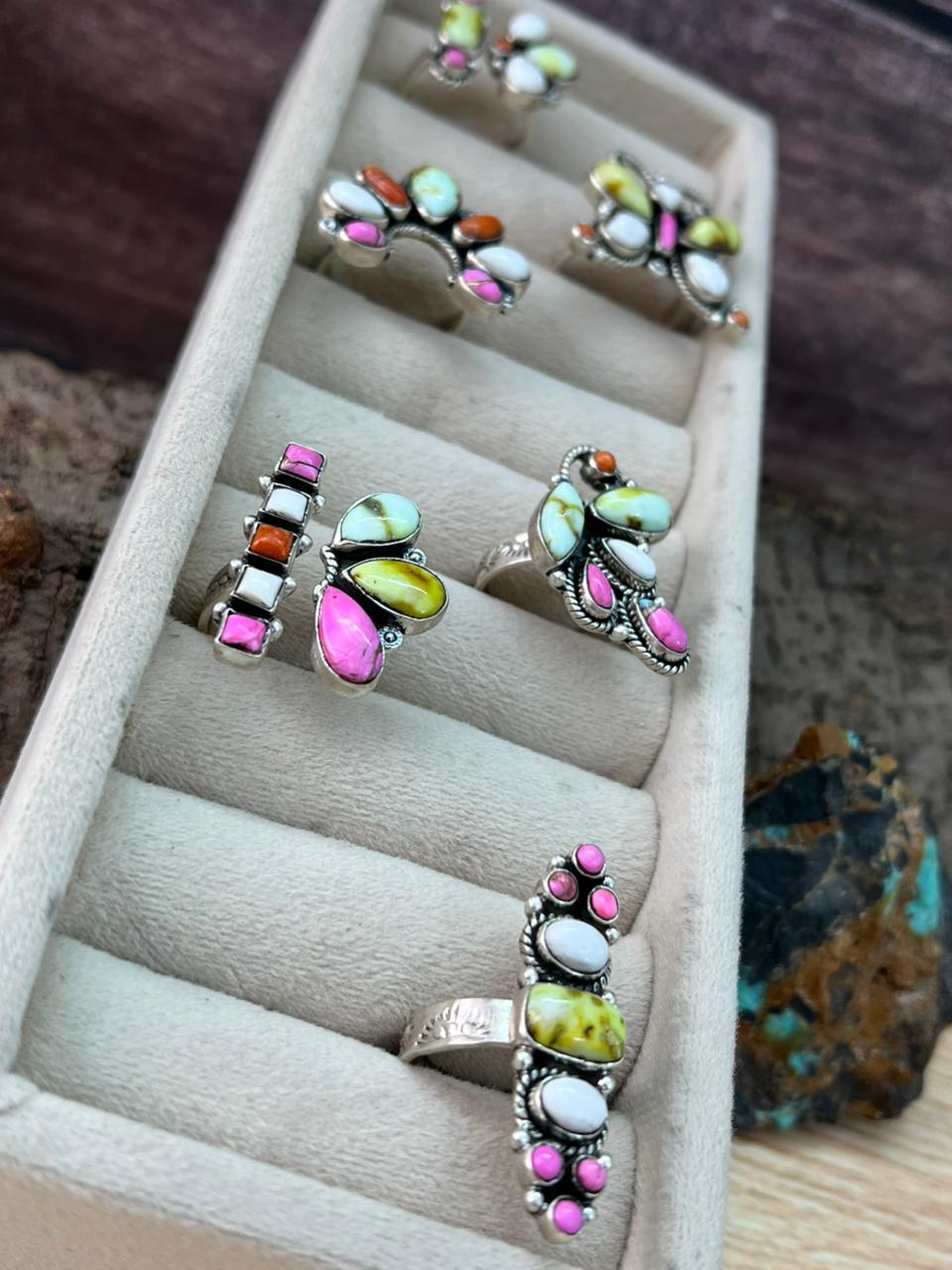 Handmade Sterling Silver Spring Collection: Palomino Turquoise with Orange Mojave, Cotton Candy and White Buffalo Adjustable Ring "Signed Nizhoni"
