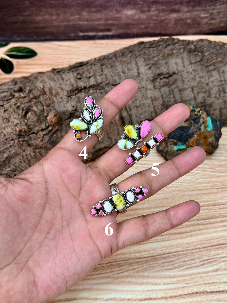 Handmade Sterling Silver Spring Collection: Palomino Turquoise with Orange Mojave, Cotton Candy and White Buffalo Adjustable Ring "Signed Nizhoni"