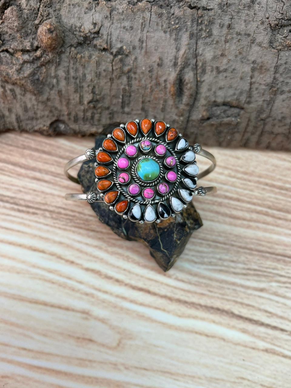 Handmade Sterling Silver Spring Collection: Sonoran Mountain Turquoise with Orange Mojave, Cotton Candy and White Buffalo Cuff Bracelet "Signed Nizhoni"