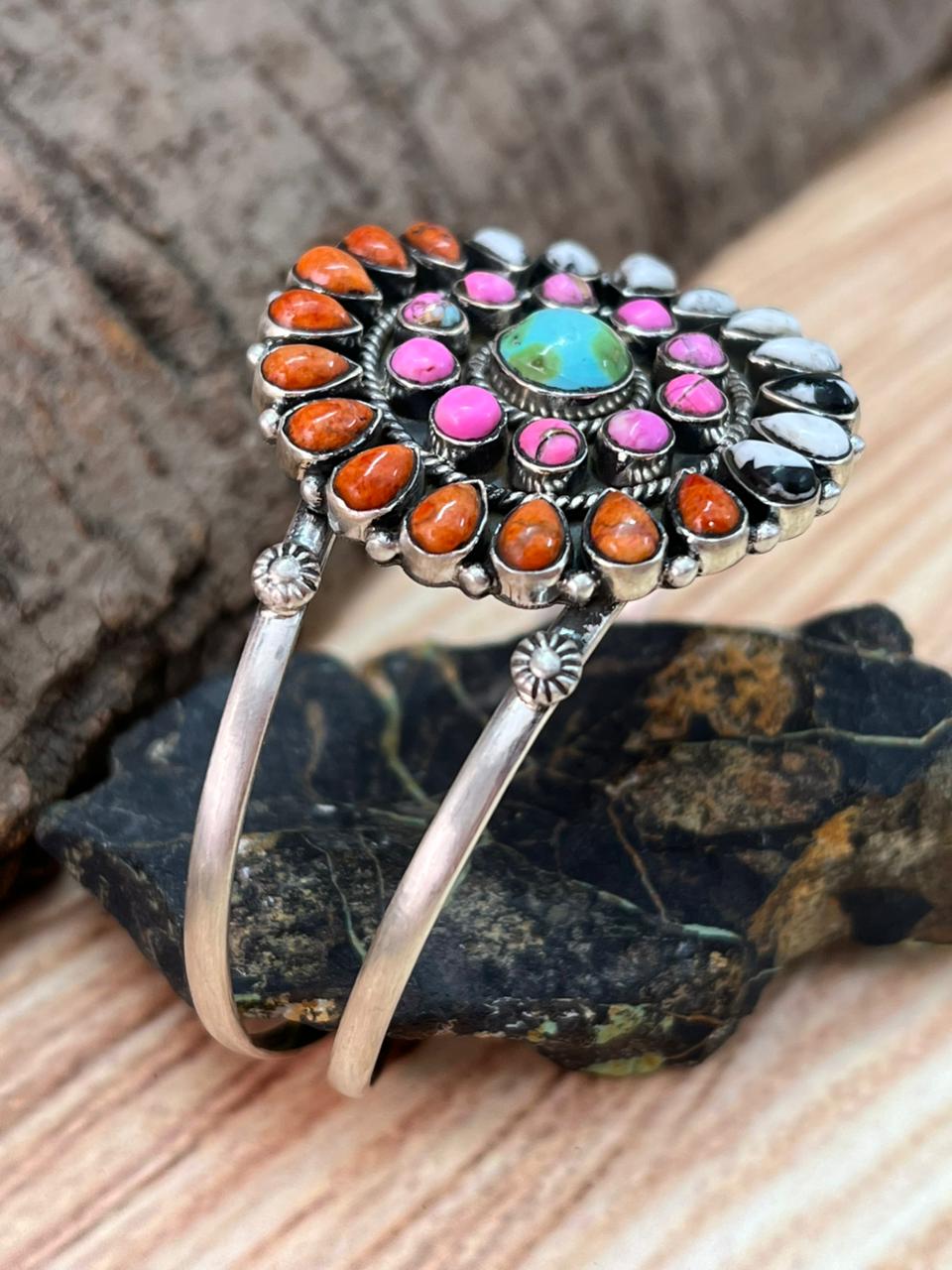 Handmade Sterling Silver Spring Collection: Sonoran Mountain Turquoise with Orange Mojave, Cotton Candy and White Buffalo Cuff Bracelet "Signed Nizhoni"