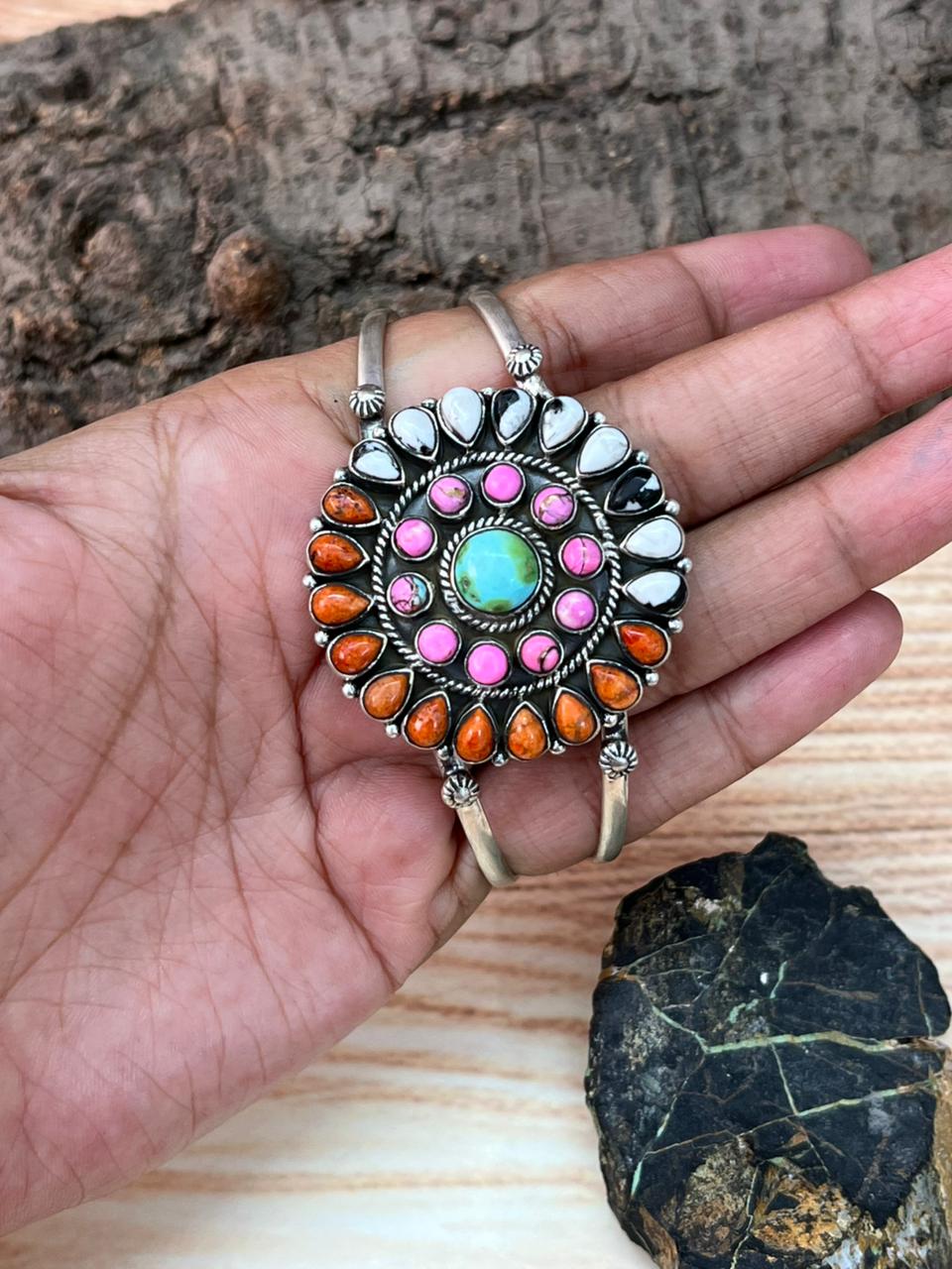 Handmade Sterling Silver Spring Collection: Sonoran Mountain Turquoise with Orange Mojave, Cotton Candy and White Buffalo Cuff Bracelet "Signed Nizhoni"