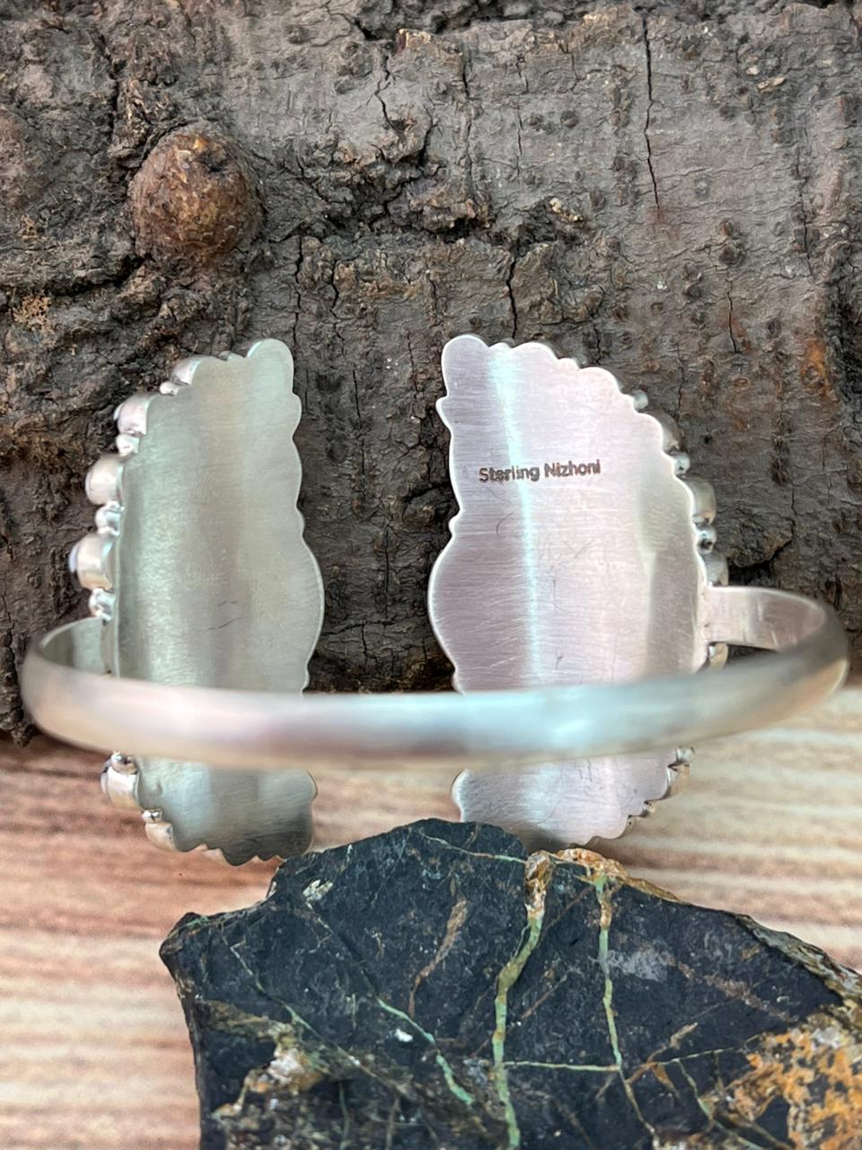 Handmade Sterling Silver Spring Collection: Sonoran Mountain Turquoise with Orange Mojave, Cotton Candy and White Buffalo Cuff Bracelet "Signed Nizhoni"