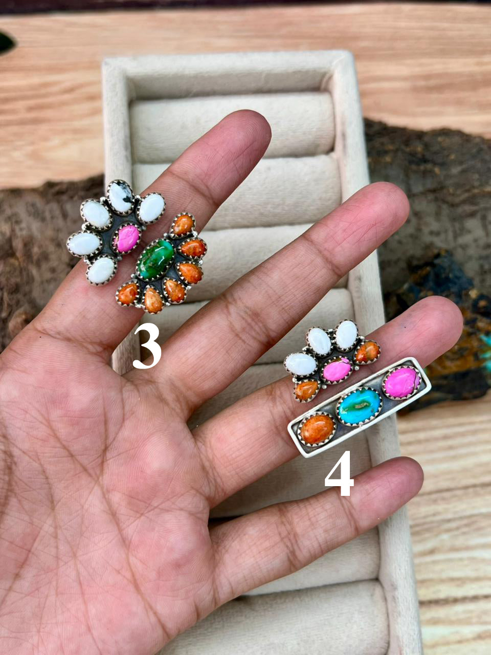 Handmade Sterling Silver Spring Collection: Sonoran Mountain with Orange Mojave, Cotton Candy and White Buffalo Adjustable Ring "Signed Nizhoni"