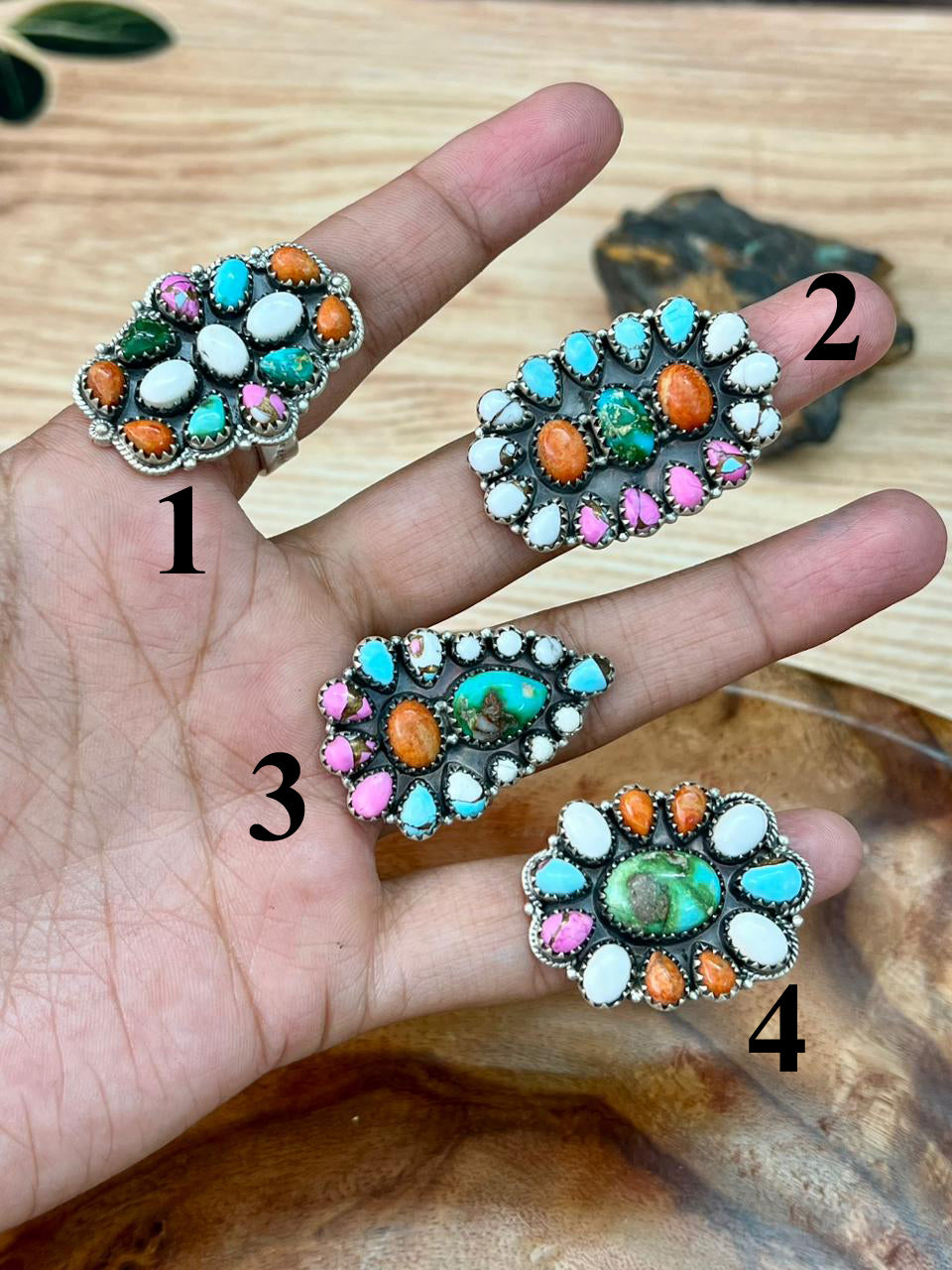 Handmade Sterling Silver Spring Collection: Sonoran Mountain Turquoise with Orange Mojave, Cotton Candy and White Buffalo Adjustable Ring "Signed Nizhoni"