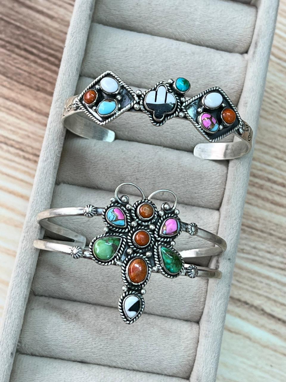 Handmade Sterling Silver Spring Collection: Sonoran Mountain Turquoise with Orange Mojave, Cotton Candy and White Buffalo Cuff Bracelet "Signed Nizhoni"