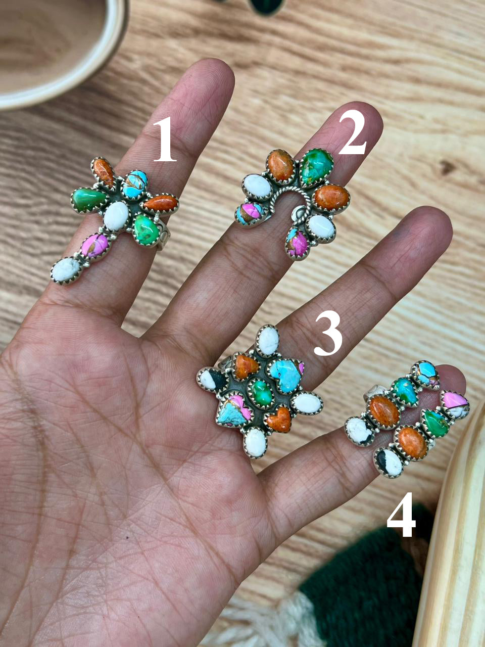 Handmade Sterling Silver Spring Collection: Sonoran Mountain with Orange Mojave, Cotton Candy and White Buffalo Adjustable Ring "Signed Nizhoni"