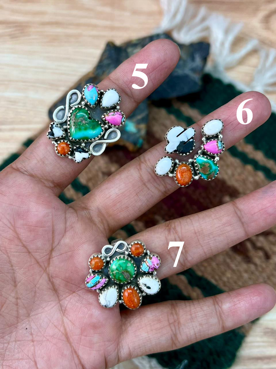 Handmade Sterling Silver Spring Collection: Sonoran Mountain with Orange Mojave, Cotton Candy and White Buffalo Adjustable Ring "Signed Nizhoni"