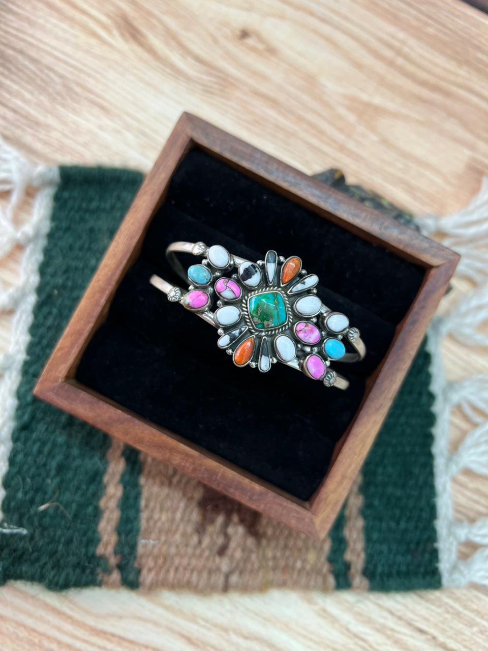 Handmade Sterling Silver Spring Collection: Sonoran Mountain Turquoise with Orange Mojave, Cotton Candy and White Buffalo Cuff Bracelet "Signed Nizhoni"