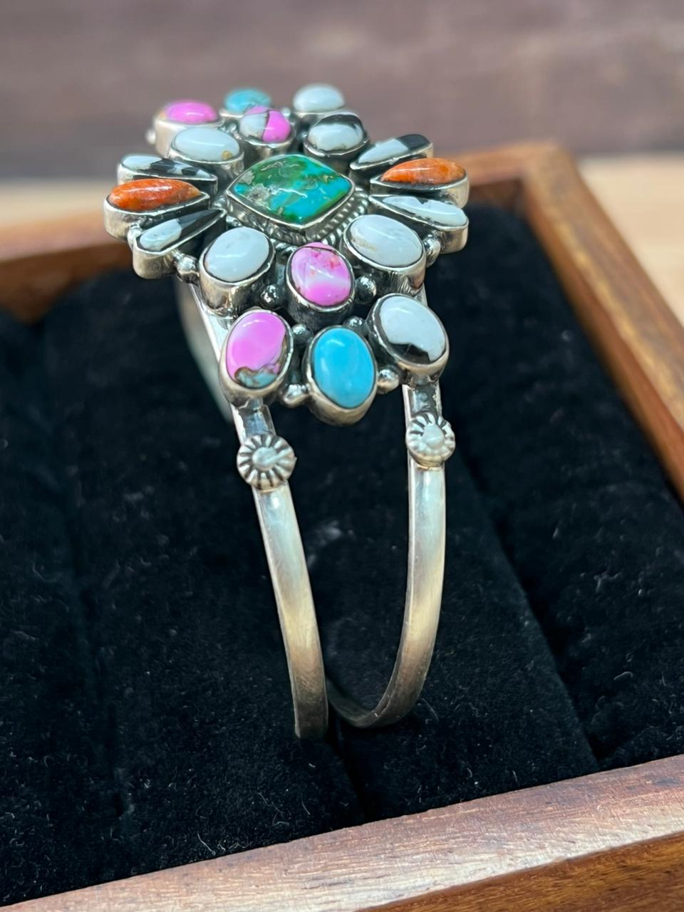 Handmade Sterling Silver Spring Collection: Sonoran Mountain Turquoise with Orange Mojave, Cotton Candy and White Buffalo Cuff Bracelet "Signed Nizhoni"