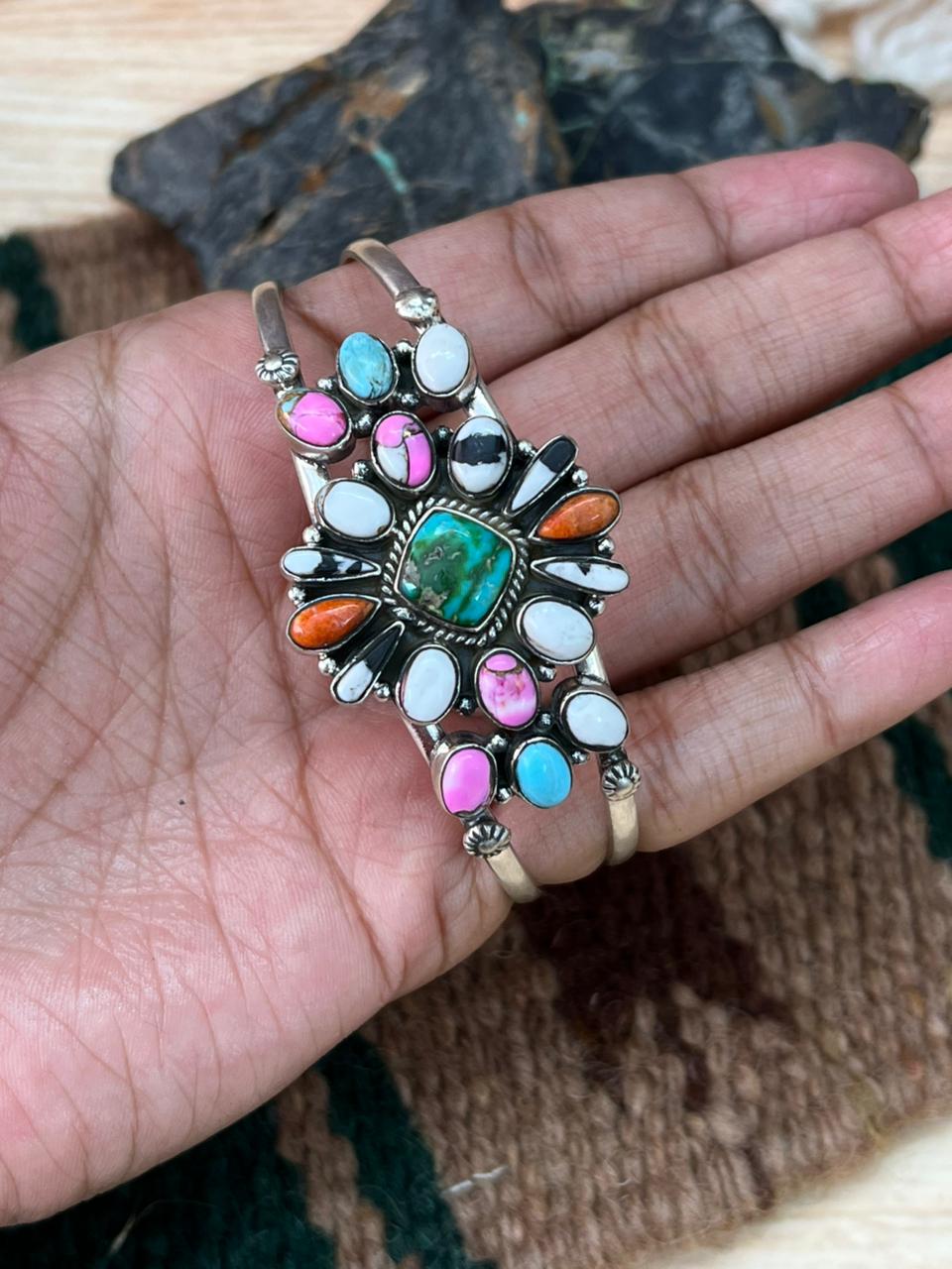 Handmade Sterling Silver Spring Collection: Sonoran Mountain Turquoise with Orange Mojave, Cotton Candy and White Buffalo Cuff Bracelet "Signed Nizhoni"