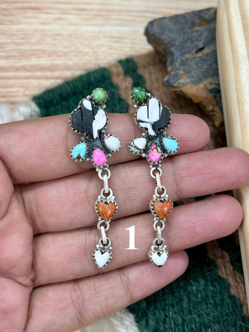 Handmade Sterling Silver Spring Collection: Sonoran Mountain Turquoise with Orange Mojave, Cotton Candy and White Buffalo Post Dangle Earrings "Signed Nizhoni"