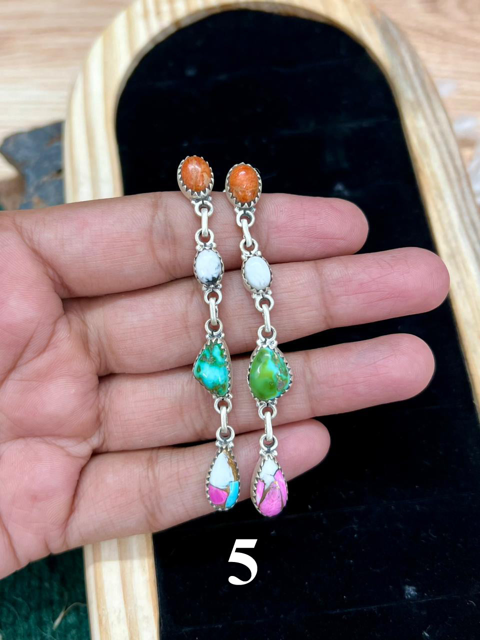 Handmade Sterling Silver Spring Collection: Sonoran Mountain Turquoise with Orange Mojave, Cotton Candy and White Buffalo Post Dangle Earrings "Signed Nizhoni"