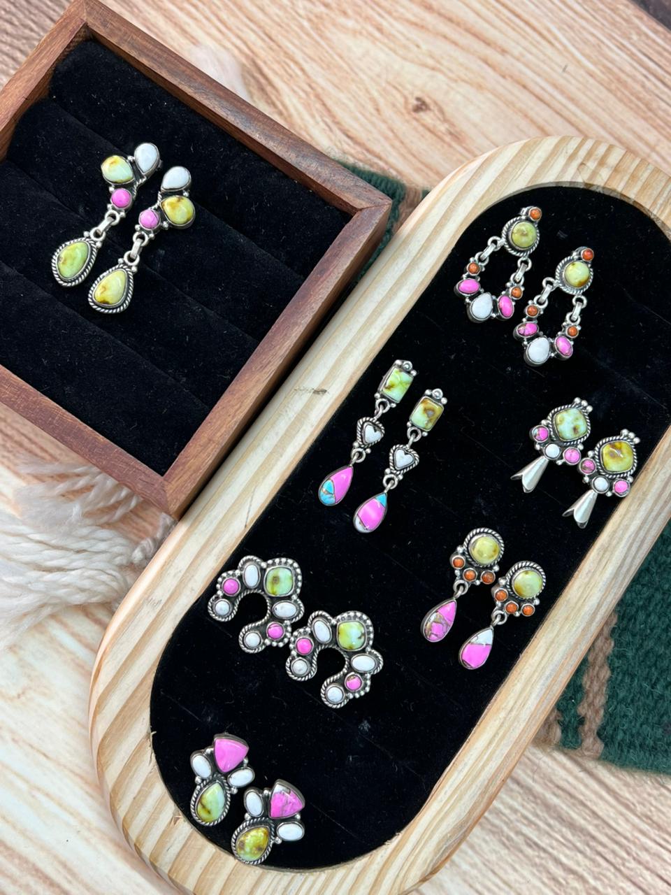 Handmade Sterling Silver Spring Collection: Palomino Turquoise with Cotton Candy and White Buffalo Post Earrings "Signed Nizhoni"