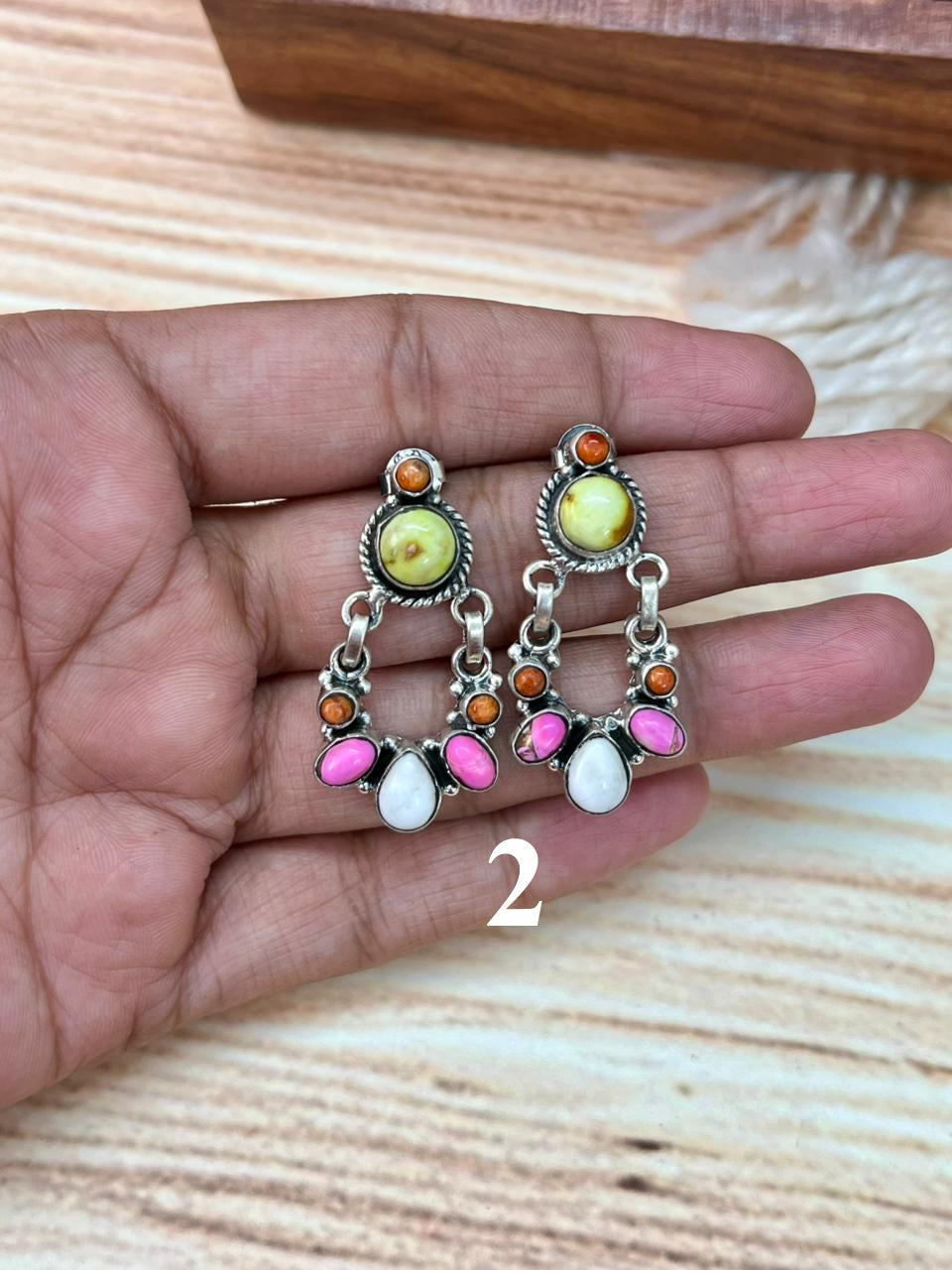 Handmade Sterling Silver Spring Collection: Palomino Turquoise with Cotton Candy and White Buffalo Post Earrings "Signed Nizhoni"