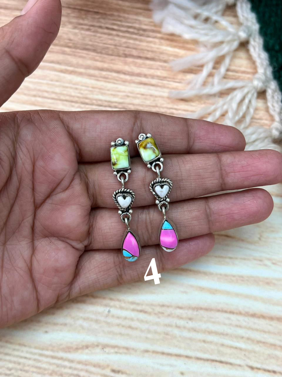 Handmade Sterling Silver Spring Collection: Palomino Turquoise with Cotton Candy and White Buffalo Post Earrings "Signed Nizhoni"