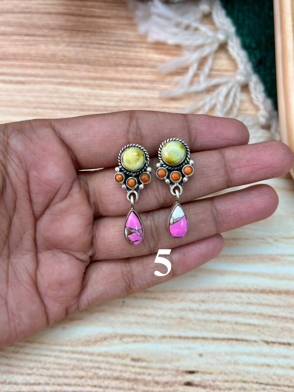 Handmade Sterling Silver Spring Collection: Palomino Turquoise with Cotton Candy and White Buffalo Post Earrings "Signed Nizhoni"