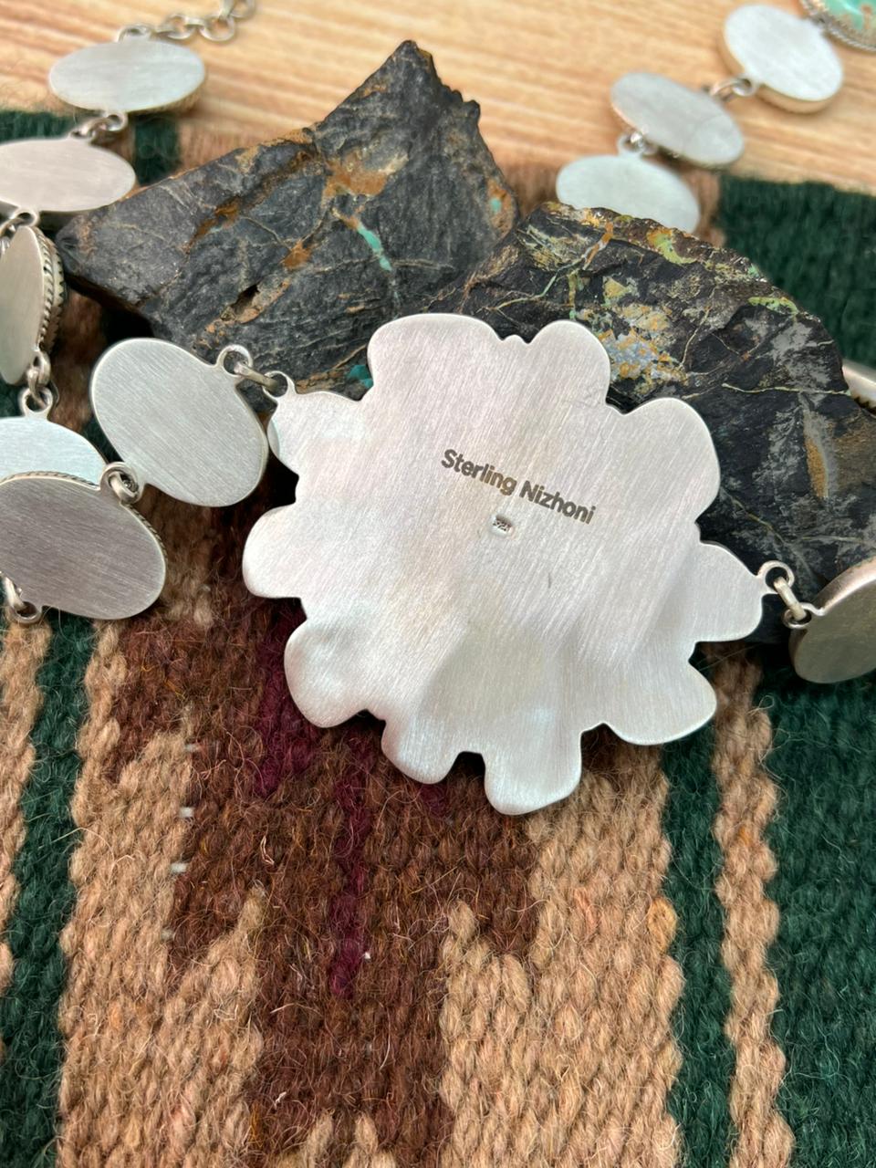 Handmade Sterling Silver Ribbon Royston Turquoise Necklace "Signed Nizhoni"