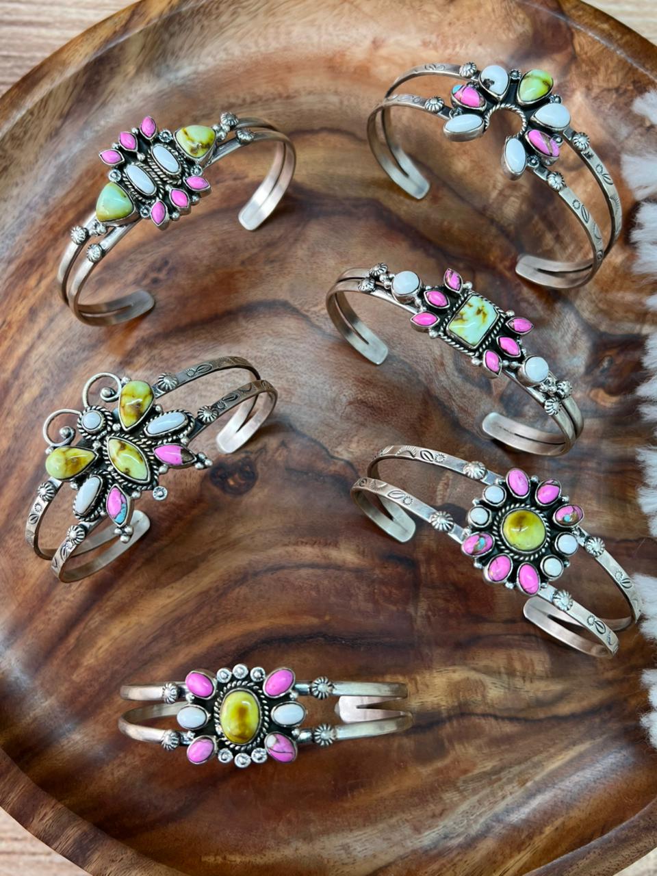 Handmade Sterling Silver Spring Collection: Palomino Turquoise with Cotton Candy and White Buffalo Cuff Bracelet "Signed Nizhoni"