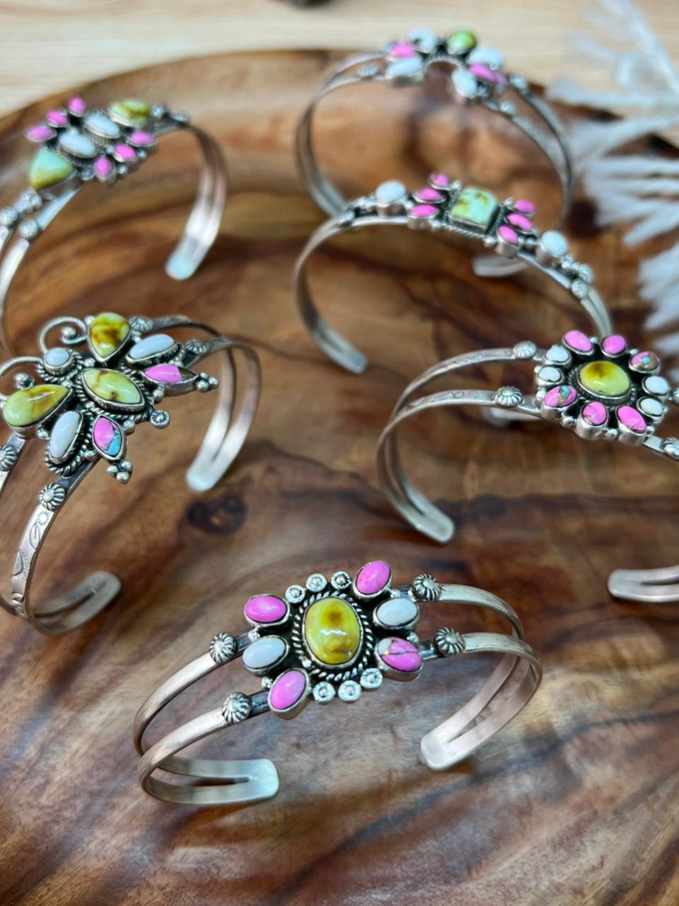 Handmade Sterling Silver Spring Collection: Palomino Turquoise with Cotton Candy and White Buffalo Cuff Bracelet "Signed Nizhoni"