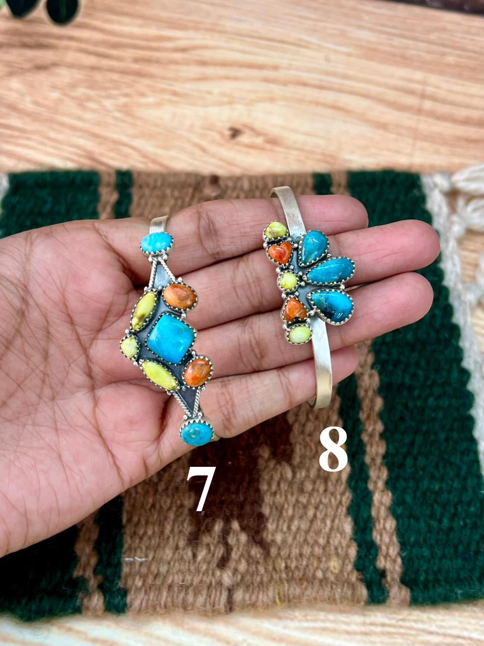 Handmade Sterling Silver Multi Stone Collection: Palomino with Orange Mojave, Wildhorse Magnesite and Arizona Blue Turquoise Cuff Bracelet "Signed Nizhoni"