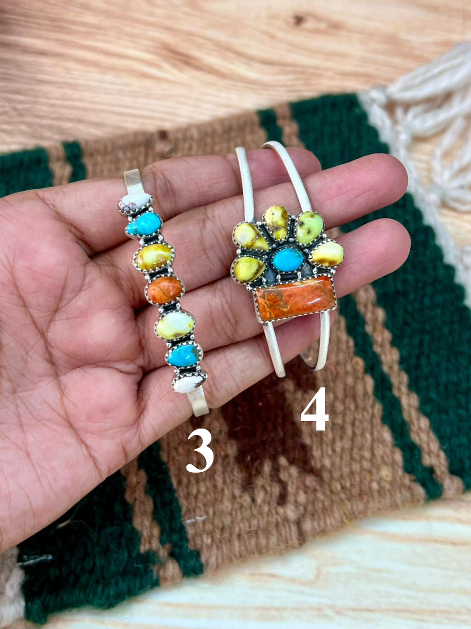 Handmade Sterling Silver Multi Stone Collection: Palomino with Orange Mojave, Wildhorse Magnesite and Arizona Blue Turquoise Cuff Bracelet "Signed Nizhoni"