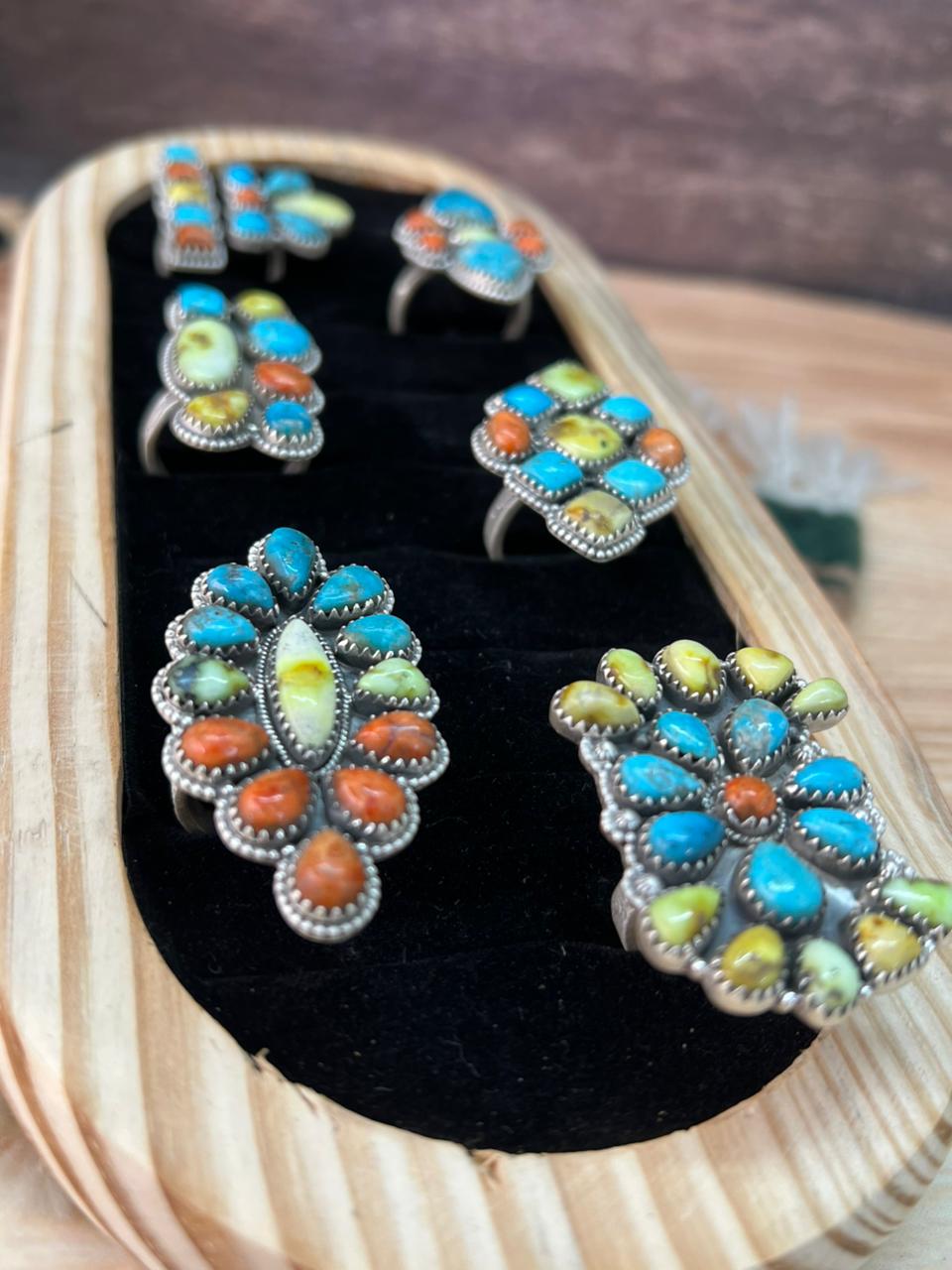 Handmade Sterling Silver Multi Stone Collection: Palomino with Orange Mojave and Arizona Blue Turquoise Adjustable Ring "Signed Nizhoni"