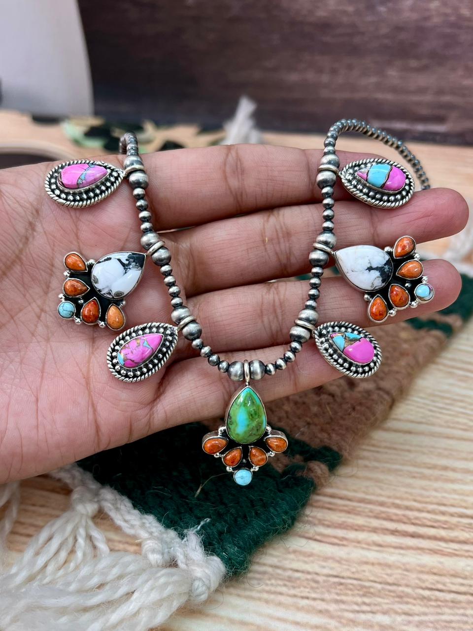 Handmade Sterling Silver Spring Collection: Sonoran Mountain with Orange Mojave, Cotton Candy and White Buffalo Beaded Necklace "Signed Nizhoni"