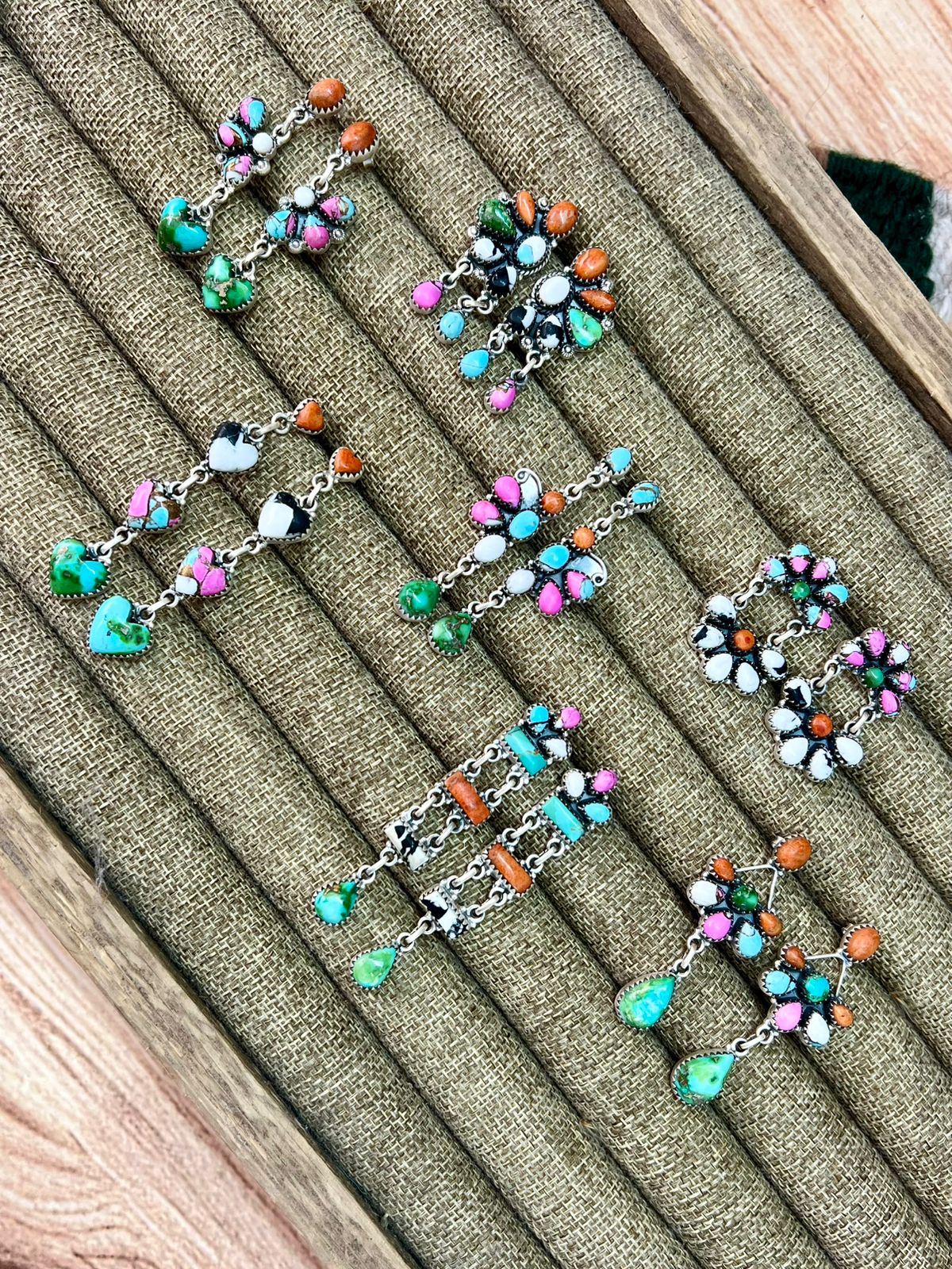 Handmade Sterling Silver Spring Collection: Sonoran Mountain Turquoise with Orange Mojave, Cotton Candy and White Buffalo Post Dangle Earrings "Signed Nizhoni"