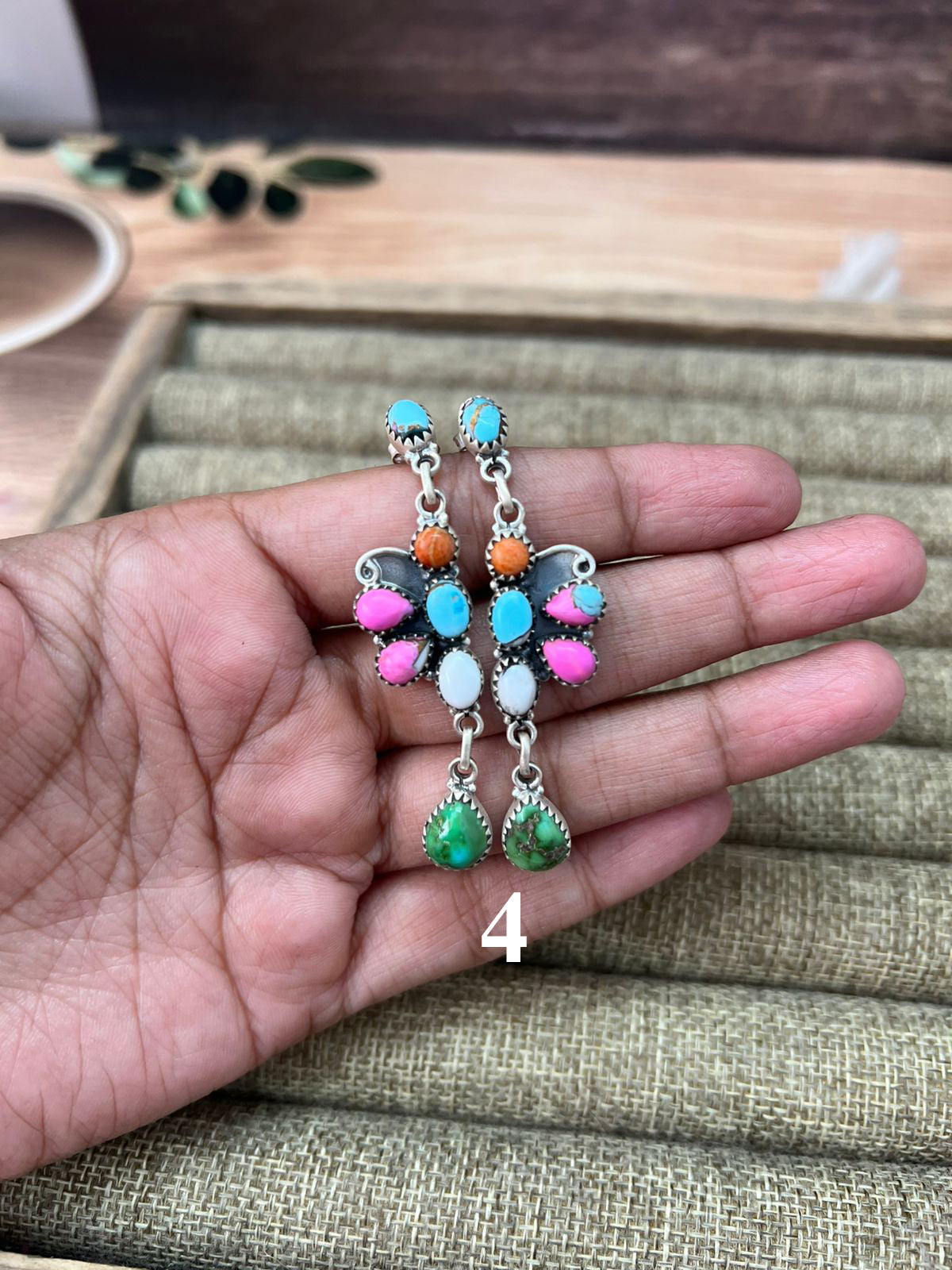 Handmade Sterling Silver Spring Collection: Sonoran Mountain Turquoise with Orange Mojave, Cotton Candy and White Buffalo Post Dangle Earrings "Signed Nizhoni"