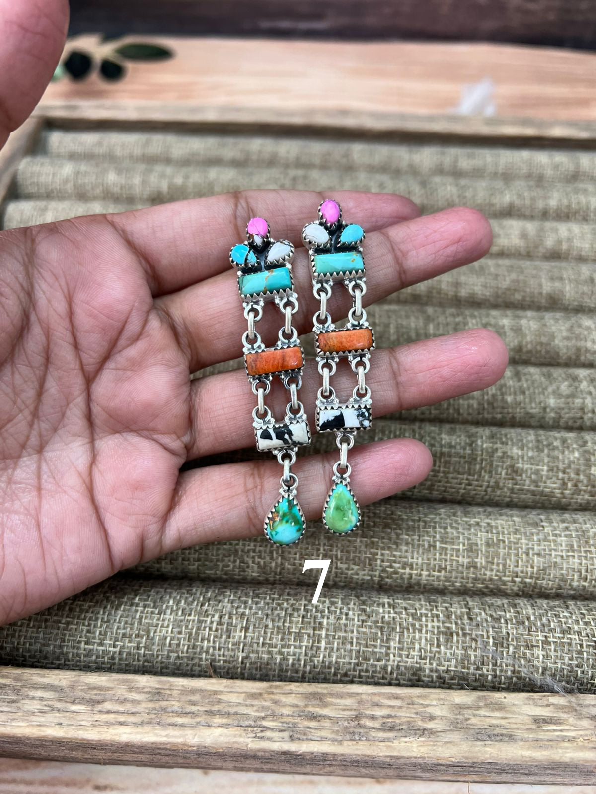 Handmade Sterling Silver Spring Collection: Sonoran Mountain Turquoise with Orange Mojave, Cotton Candy and White Buffalo Post Dangle Earrings "Signed Nizhoni"