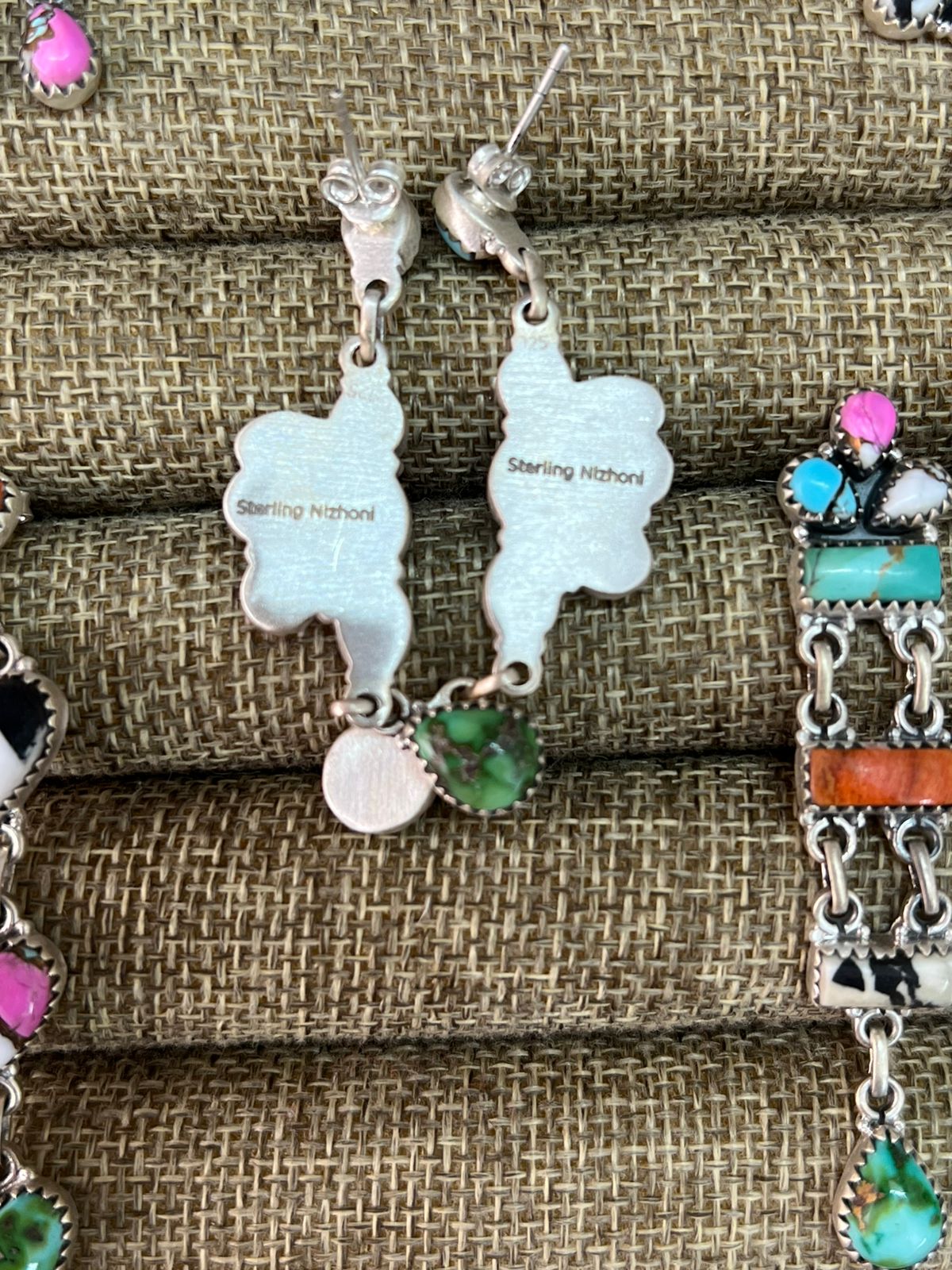 Handmade Sterling Silver Spring Collection: Sonoran Mountain Turquoise with Orange Mojave, Cotton Candy and White Buffalo Post Dangle Earrings "Signed Nizhoni"