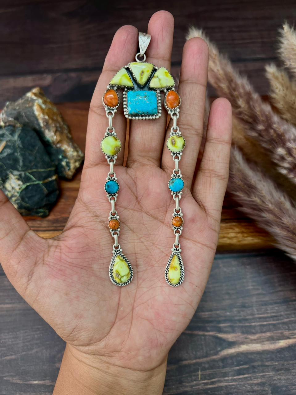 Handmade Sterling Silver Multi Stone Collection: Palomino with Orange Mojave and Arizona Blue Turquoise Pendant "Signed Nizhoni"