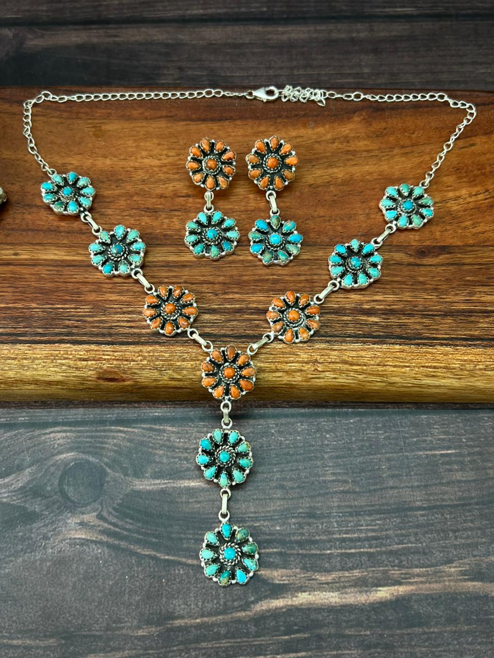 Handmade Sterling Silver Orange Mojave with Kingman Turquoise Necklace Earrings Set "Signed Nizhoni"