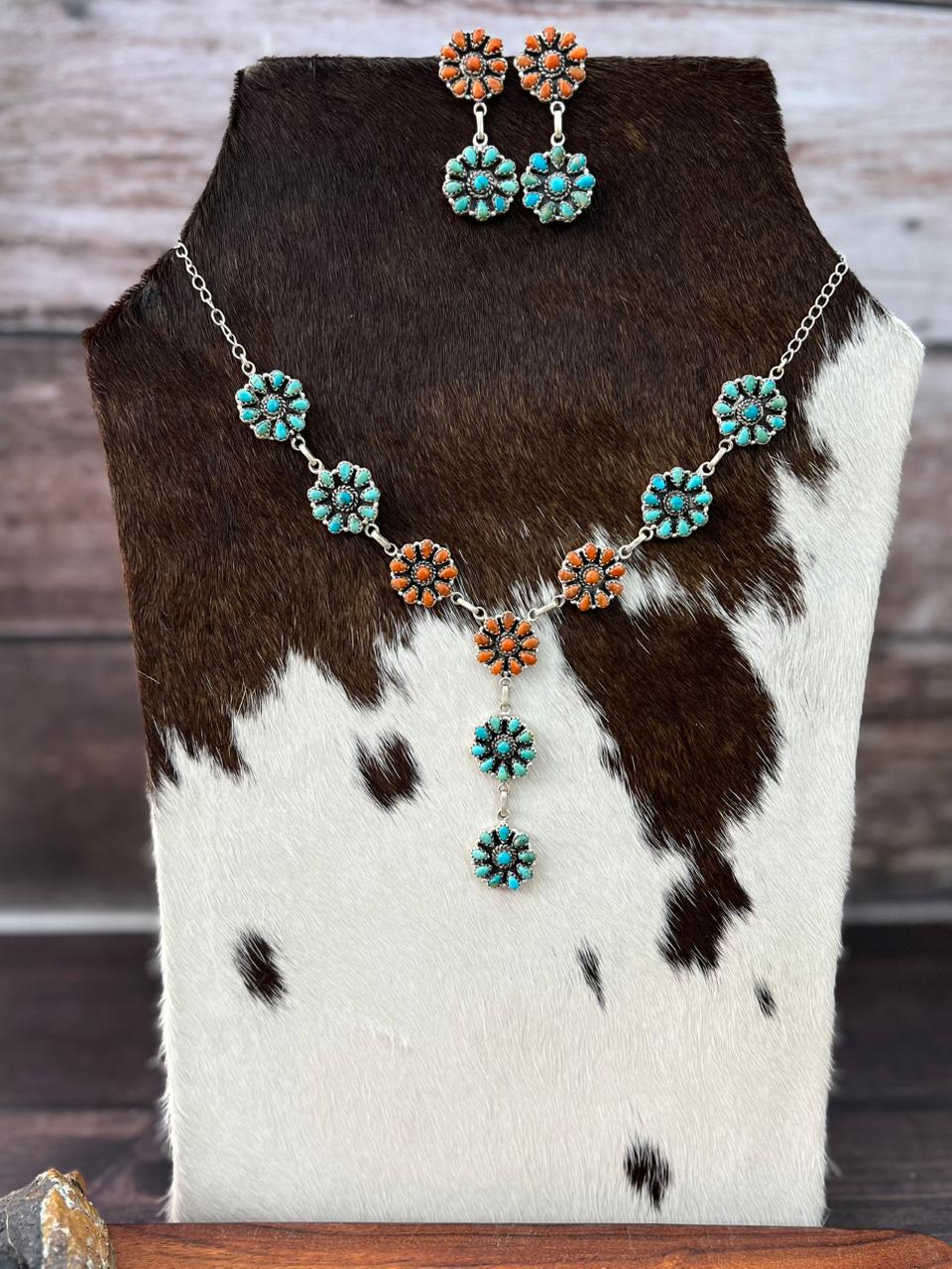 Handmade Sterling Silver Orange Mojave with Kingman Turquoise Necklace Earrings Set "Signed Nizhoni"