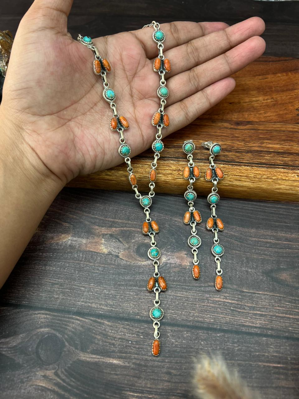 Handmade Sterling Silver Orange Mojave with Kingman Turquoise Necklace Earrings Set "Signed Nizhoni"