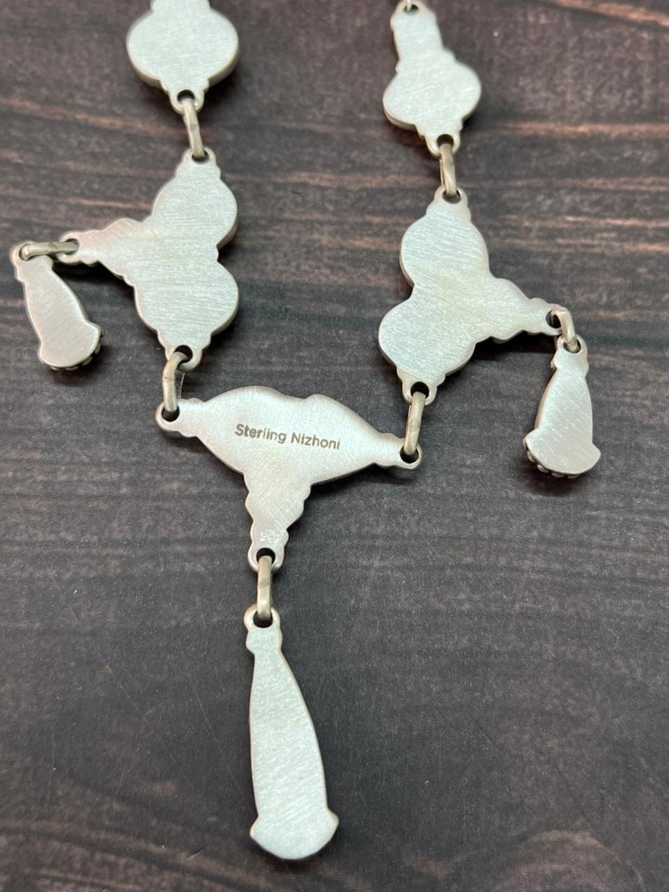 Handmade Sterling Silver Multi Stone Collection: Palomino with Orange Mojave and Arizona Blue Turquoise Necklace "Signed Nizhoni"