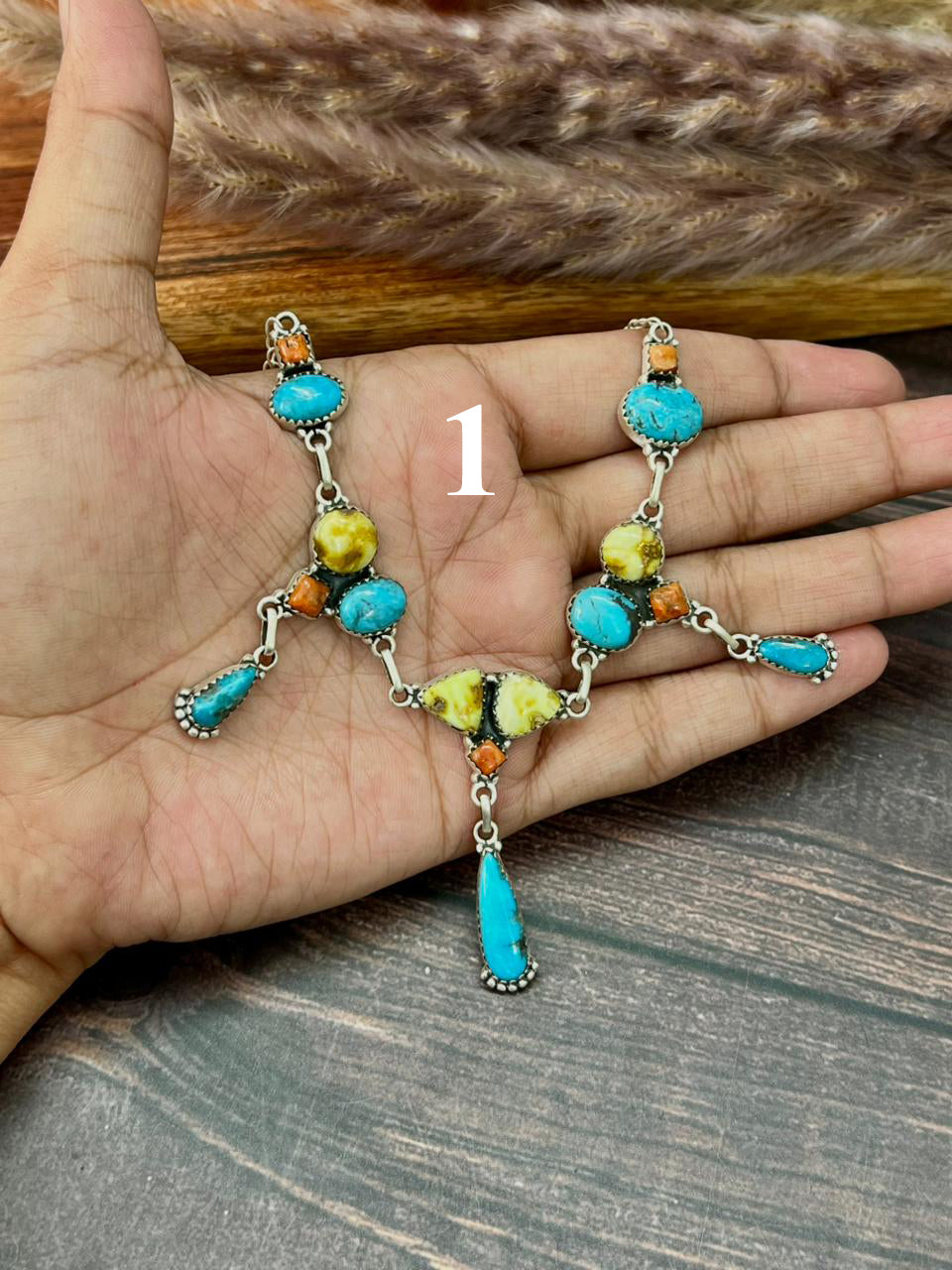 Handmade Sterling Silver Multi Stone Collection: Palomino with Orange Mojave and Arizona Blue Turquoise Necklace "Signed Nizhoni"