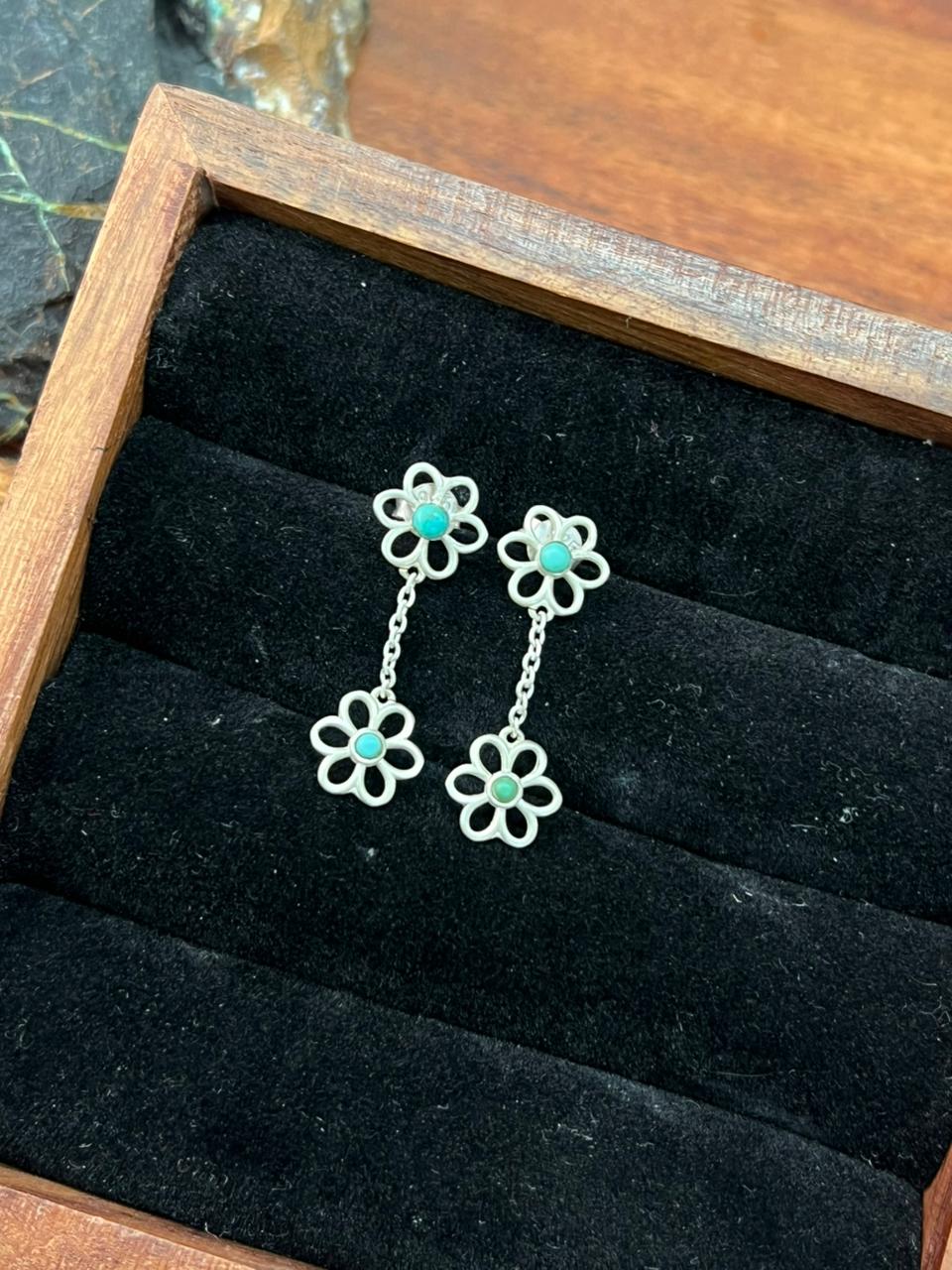Handmade Sterling Silver Flower Collection: Kingman Turquoise Post Dangle Earrings (7)