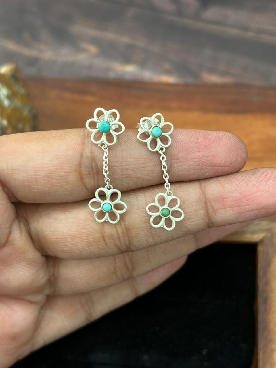 Handmade Sterling Silver Flower Collection: Kingman Turquoise Post Dangle Earrings (7)