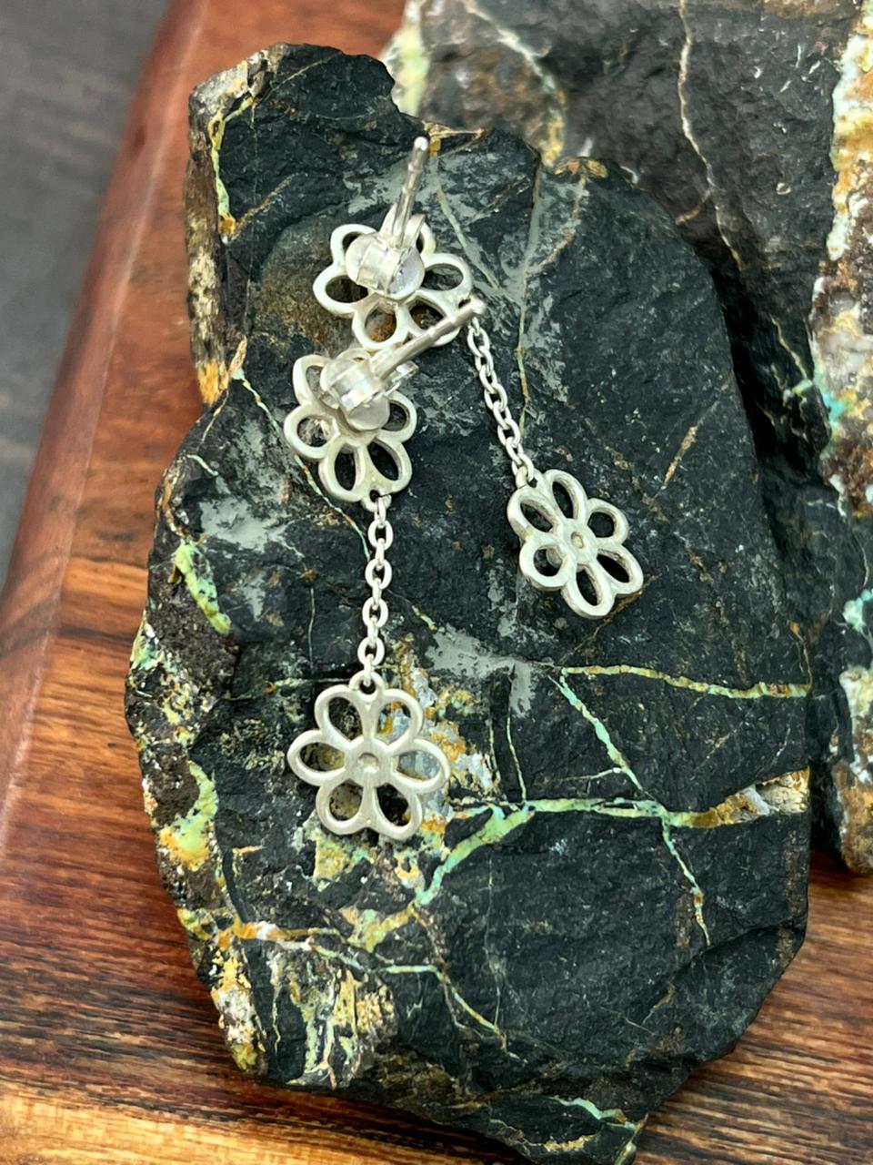 Handmade Sterling Silver Flower Collection: Kingman Turquoise Post Dangle Earrings (7)