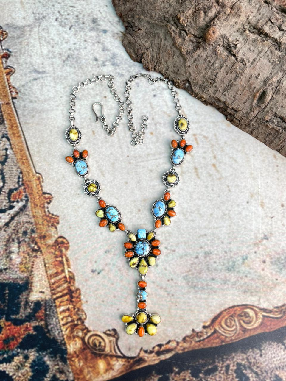 Handmade Sterling Silver Golden Hills with Orange Mojave and Palomino Turquoise Necklace "Signed Nizhoni"