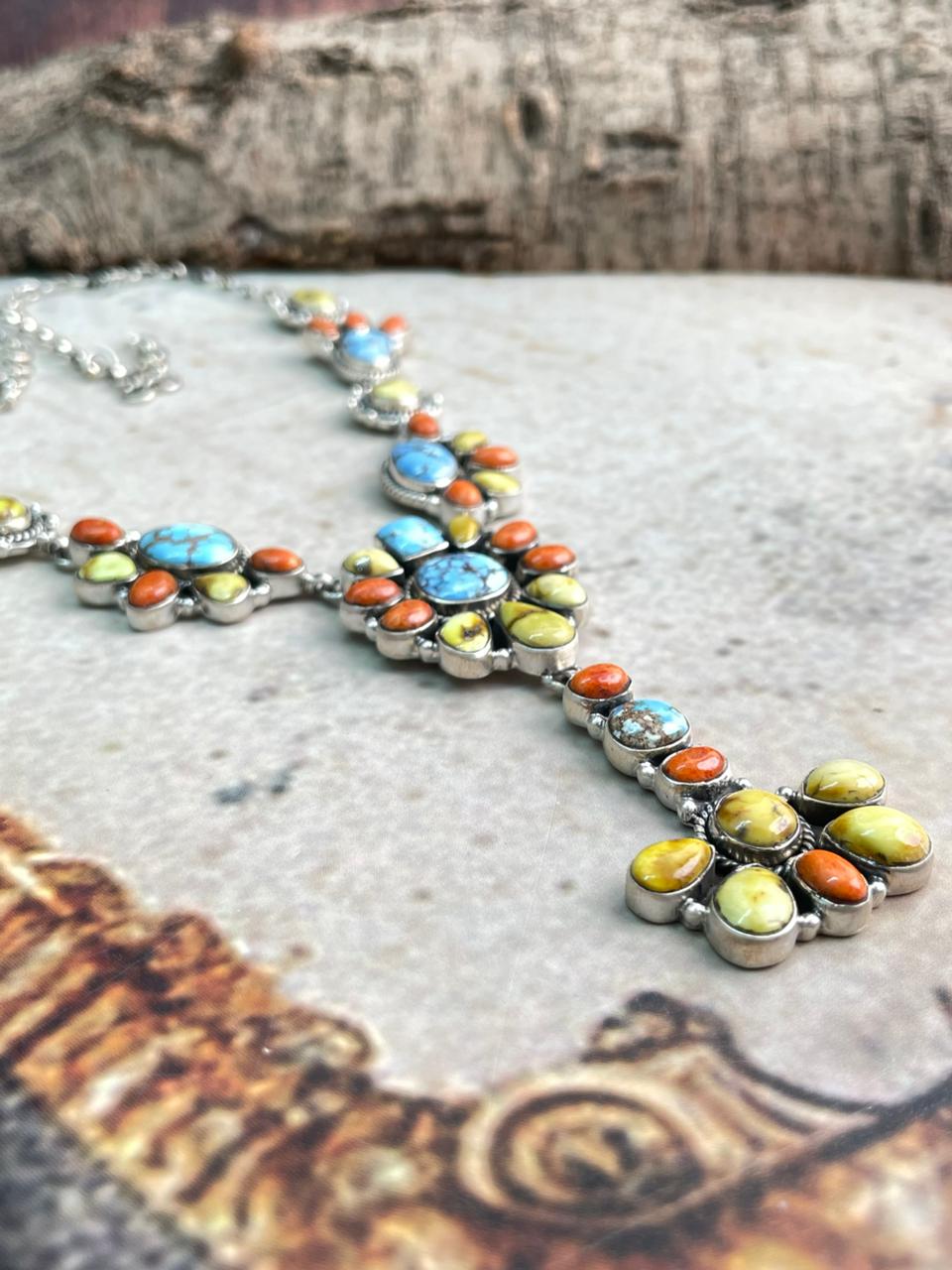 Handmade Sterling Silver Golden Hills with Orange Mojave and Palomino Turquoise Necklace "Signed Nizhoni"